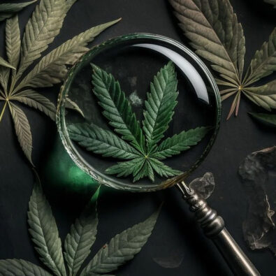 Magnifying Glass over Hemp Leaf