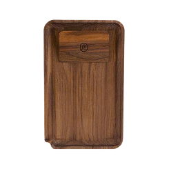 Dark walnut wooden rolling tray with a rounded edge and insert.